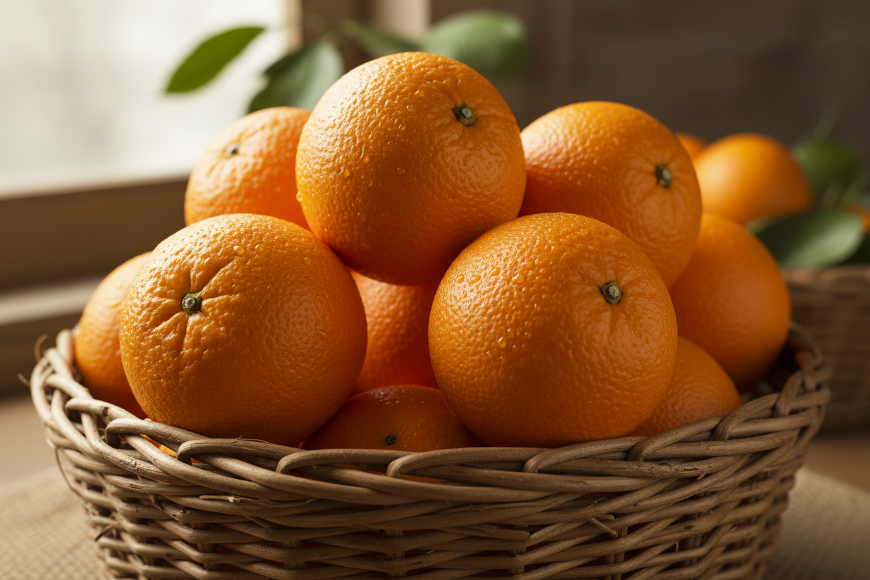 close up shot of ripe, big oranges in a basket. 