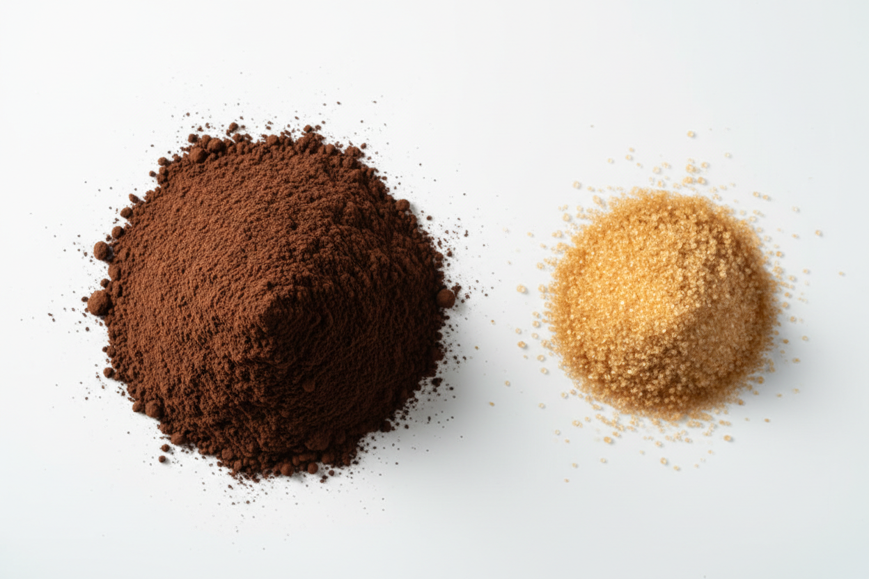 create an image of one heap of dark cacao powder and one heap of coconut sugar. the sugar heap is very much smaller.. view from above , white background