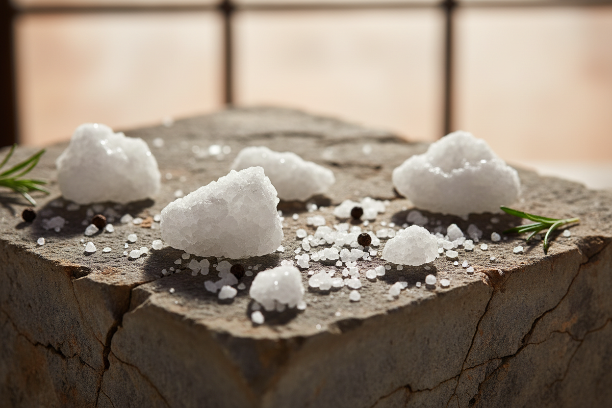 on a stone block, coarse sea slat artfully placed as a food shot