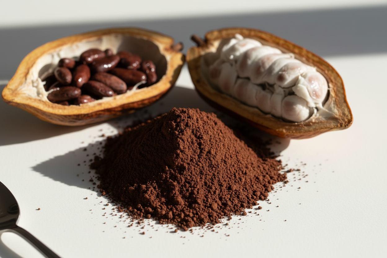 remove the spoon, place a cacao pod, opened next to it