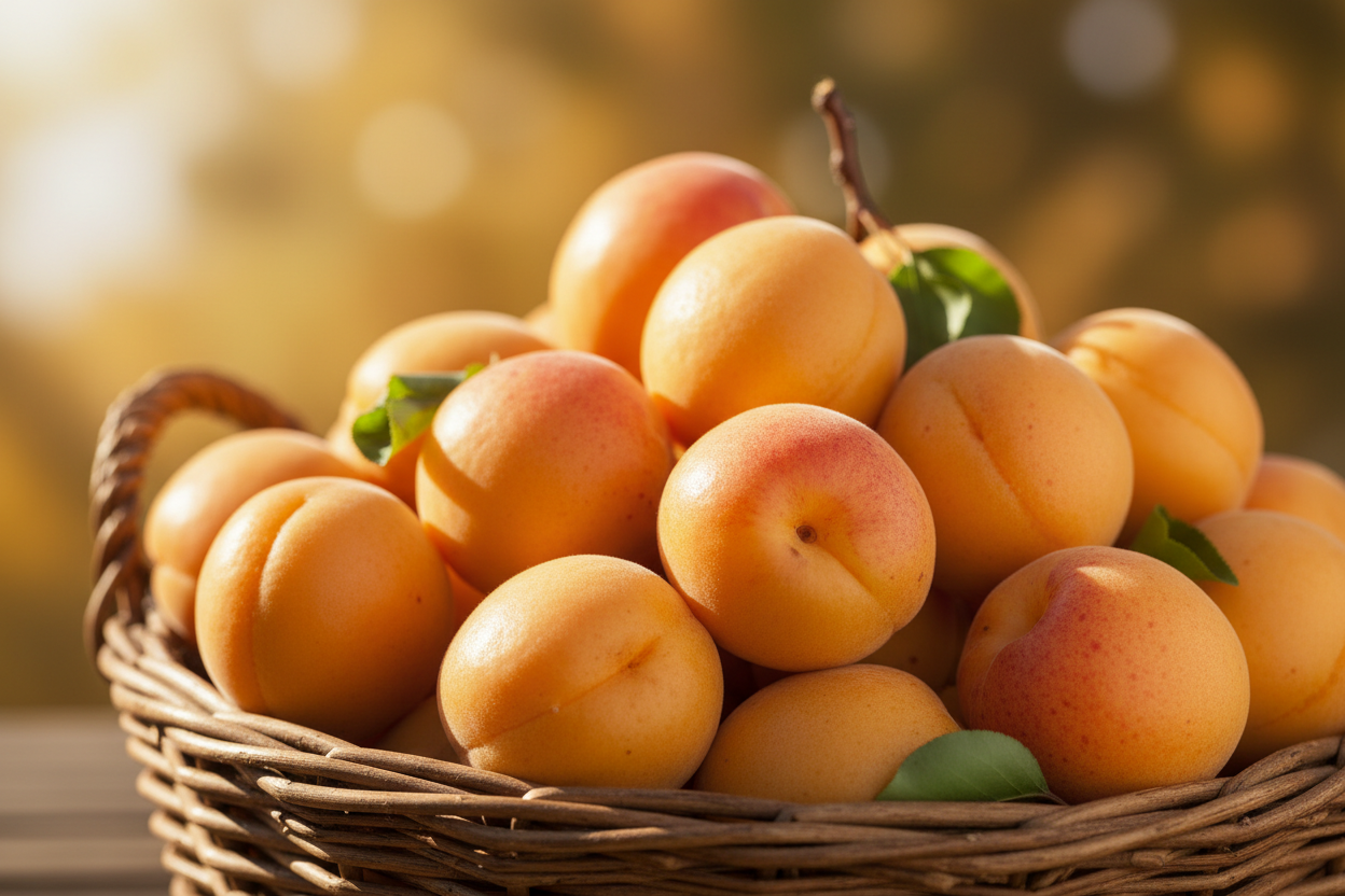 ripe, small apricots in a big basket artfully presented as a food shot, close up